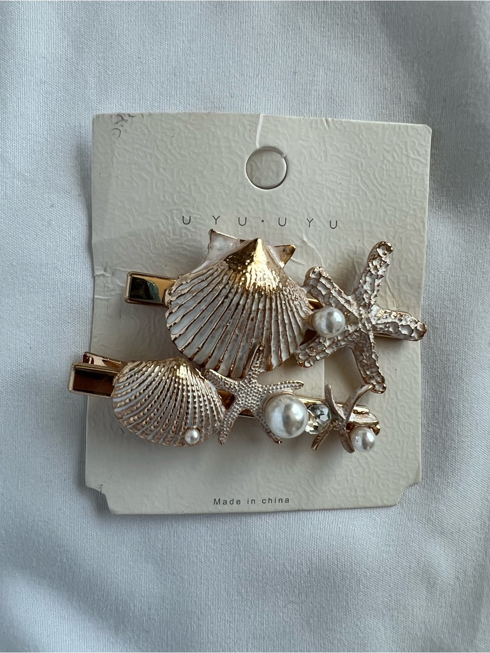 2 Gold Seashell, Oceanic & Starfish Pearl Hair Clips